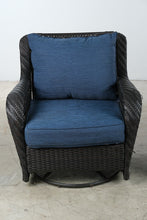 Load image into Gallery viewer, Pair of Woven Outdoor Swivel Lounge Chairs with Blue Cushions
