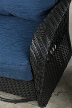 Load image into Gallery viewer, Pair of Woven Outdoor Swivel Lounge Chairs with Blue Cushions

