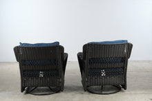 Load image into Gallery viewer, Pair of Woven Outdoor Swivel Lounge Chairs with Blue Cushions
