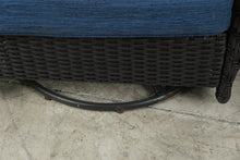 Load image into Gallery viewer, Pair of Woven Outdoor Swivel Lounge Chairs with Blue Cushions

