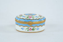 Load image into Gallery viewer, Limoges France Oval Porcelain Trinket Box Hand Decorated Blue Floral Gold Trim

