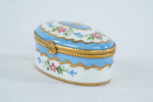 Load image into Gallery viewer, Limoges France Oval Porcelain Trinket Box Hand Decorated Blue Floral Gold Trim
