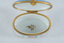 Load image into Gallery viewer, Limoges France Oval Porcelain Trinket Box Hand Decorated Blue Floral Gold Trim
