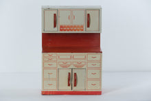 Load image into Gallery viewer, Vintage 1950s Wolverine Tin Toy Kitchen Cabinet with Upper Hutch #1 – Red &amp; Cream Lithographed Metal
