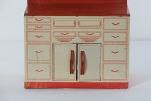 Load image into Gallery viewer, Vintage 1950s Wolverine Tin Toy Kitchen Cabinet with Upper Hutch #1 – Red &amp; Cream Lithographed Metal
