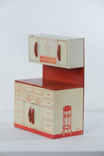 Load image into Gallery viewer, Vintage 1950s Wolverine Tin Toy Kitchen Cabinet with Upper Hutch #1 – Red &amp; Cream Lithographed Metal
