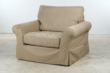 Load image into Gallery viewer, Oversized Beige Slipcovered Armchair with Rolled Arms
