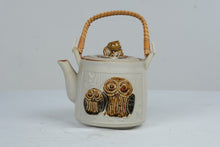 Load image into Gallery viewer, Vintage Japanese Owl Stoneware Teapot Rattan Handle 1970s Pottery
