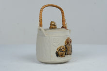 Load image into Gallery viewer, Vintage Japanese Owl Stoneware Teapot Rattan Handle 1970s Pottery
