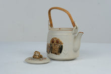 Load image into Gallery viewer, Vintage Japanese Owl Stoneware Teapot Rattan Handle 1970s Pottery
