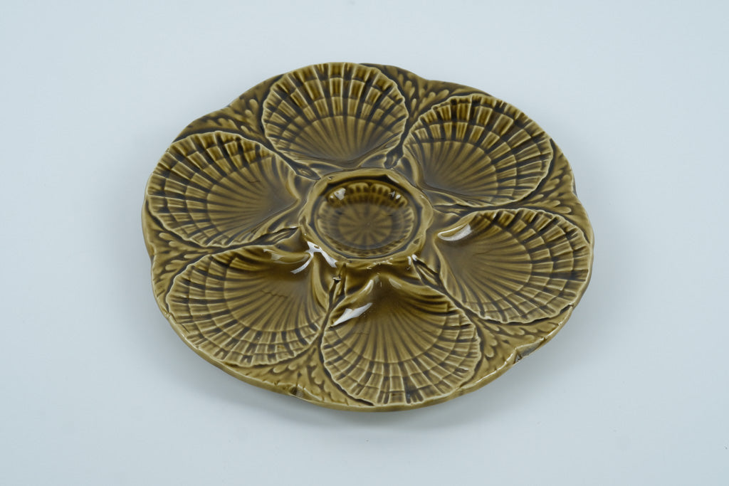 Sarreguemines French Oyster Plate – Olive Green Majolica – 9.5