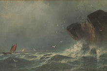 Load image into Gallery viewer, Antique Oil Painting Seascape Cliffs Sailing Boats Original Canvas 19x12 5
