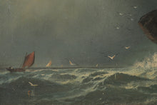 Load image into Gallery viewer, Antique Oil Painting Seascape Cliffs Sailing Boats Original Canvas 19x12 5
