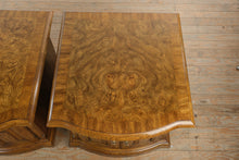 Load image into Gallery viewer, Traditional Burl Wood Cabinet End Tables Pair Curved Front Side Tables
