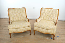 Load image into Gallery viewer, Pair of Vintage French Provincial Tufted Lounge Chairs – Floral Upholstery &amp; Carved Wood Frames
