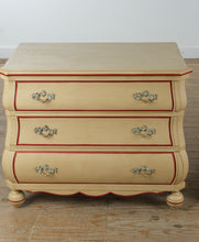 Load image into Gallery viewer, French Provincial Style Cream Nightstand with Red Trim Accents – 3 Drawer Chest
