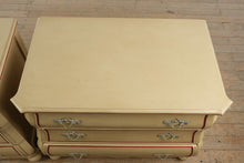 Load image into Gallery viewer, French Provincial Style Cream Nightstand with Red Trim Accents – 3 Drawer Chest
