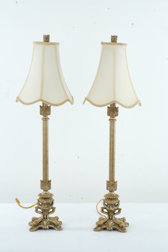 Pair of Ornate Vintage Buffet Lamps – Gold Finish with Bell Shades