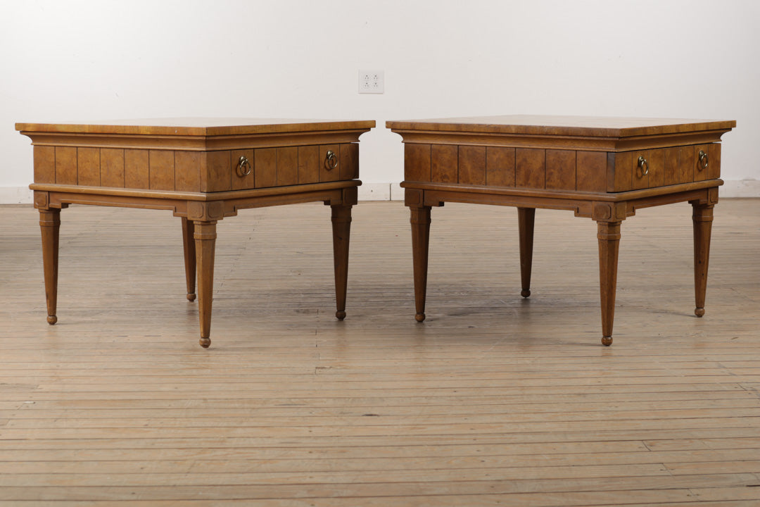 Pair of Wide Mid Century Burled Side Tables - American of