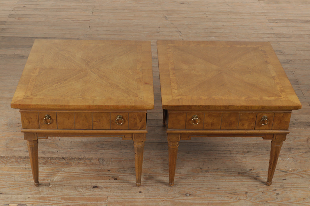 Pair of Wide Mid Century Burled Side Tables - American of