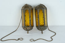 Load image into Gallery viewer, Pair Vintage Hanging Metal Lanterns with Amber Glass Panels Moroccan Style
