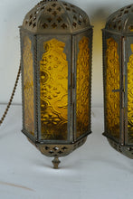 Load image into Gallery viewer, Pair Vintage Hanging Metal Lanterns with Amber Glass Panels Moroccan Style
