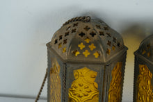 Load image into Gallery viewer, Pair Vintage Hanging Metal Lanterns with Amber Glass Panels Moroccan Style
