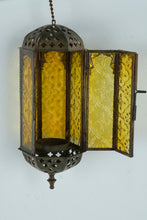 Load image into Gallery viewer, Pair Vintage Hanging Metal Lanterns with Amber Glass Panels Moroccan Style
