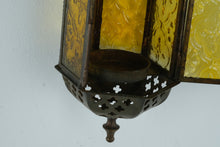 Load image into Gallery viewer, Pair Vintage Hanging Metal Lanterns with Amber Glass Panels Moroccan Style
