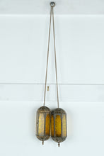 Load image into Gallery viewer, Pair Vintage Hanging Metal Lanterns with Amber Glass Panels Moroccan Style
