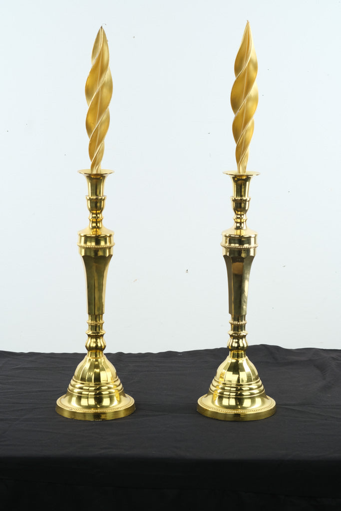 Pair of Tall Brass Candlesticks with Swirled Tapered Candles