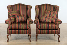 Load image into Gallery viewer, Pair of Broadmoor Wingback Chairs – Bold Striped Upholstery, Classic Carved Legs, Accent Pillows
