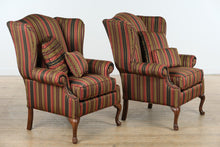 Load image into Gallery viewer, Pair of Broadmoor Wingback Chairs – Bold Striped Upholstery, Classic Carved Legs, Accent Pillows
