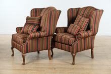 Load image into Gallery viewer, Pair of Broadmoor Wingback Chairs – Bold Striped Upholstery, Classic Carved Legs, Accent Pillows
