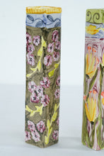 Load image into Gallery viewer, Pair of Hand Painted Ceramic Square Bud Vases Floral Designs 9 Inch
