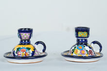 Load image into Gallery viewer, Hand Painted Mexican Talavera Style Candle Holders Pair Hecho a Mano Folk Art Pottery
