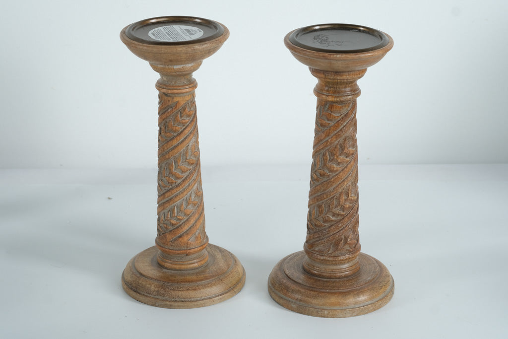 Pair of Hand-Carved Wood Pillar Candle Holders – Boho Rustic Style (Pier 1 Imports, 12”)