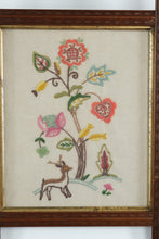 Load image into Gallery viewer, Pair Jacobean Style Crewel Embroidery Panels Deer and Floral Needlework 16x18
