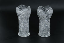 Load image into Gallery viewer, Set of Two Cut Crystal Vases with Scalloped Rim and Starburst Panels
