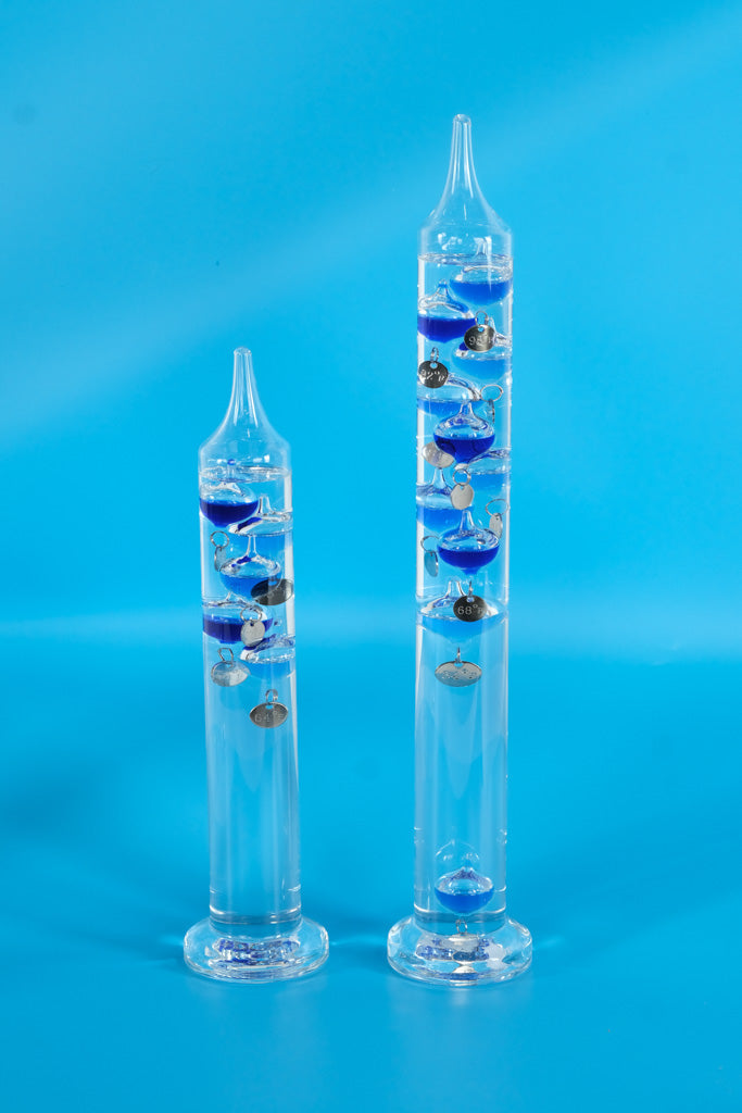 Pair of Galileo Thermometers – Blue Floating Bulb Glass Temperature Gauges (Tall & Short Set)