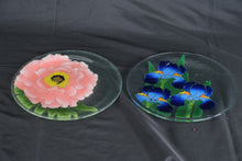 Load image into Gallery viewer, Peggy Karr Fused Glass Floral Plates Set of 2 Pink Peony Blue Iris 11.5 Inch
