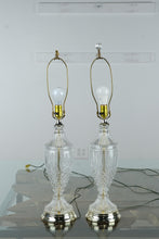 Load image into Gallery viewer, Pair of Vintage Cut Crystal Table Lamps – Elegant Pleated Shades, Polished Brass Bases
