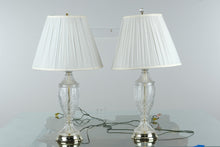 Load image into Gallery viewer, Pair of Vintage Cut Crystal Table Lamps – Elegant Pleated Shades, Polished Brass Bases
