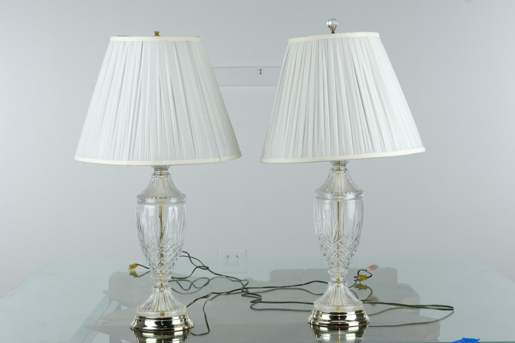 Pair of Vintage Cut Crystal Table Lamps – Elegant Pleated Shades, Polished Brass Bases