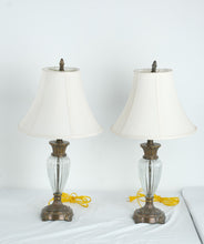 Load image into Gallery viewer, Pair of Ribbed Clear Glass Table Lamps 26 Inch Bronze Finish with White Shades
