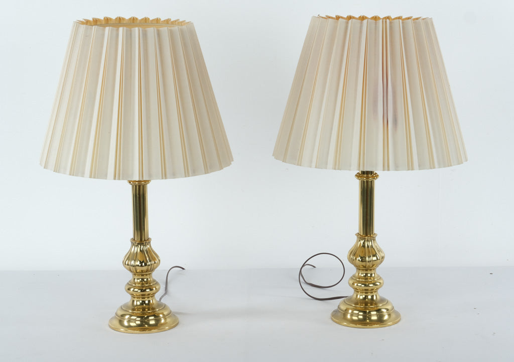 Pair of Polished Brass Table Lamps with Pleated Ivory Shades – 23.5