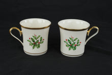 Load image into Gallery viewer, Lenox Holiday Holly Berry Porcelain Coffee Mug Set of 2 Gold Trim USA

