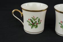Load image into Gallery viewer, Lenox Holiday Holly Berry Porcelain Coffee Mug Set of 2 Gold Trim USA
