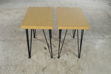 Load image into Gallery viewer, Vintage Mid Century Formica Side Tables Hairpin Legs Pair 1950s
