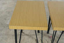 Load image into Gallery viewer, Vintage Mid Century Formica Side Tables Hairpin Legs Pair 1950s
